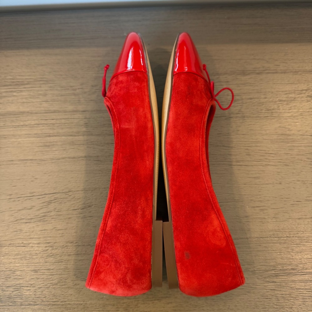 Talbots Women 9 M Red Suede Patent‎ Cap Toe Ballet Flats Bow Detail Low Heel - Picture 3 of 13